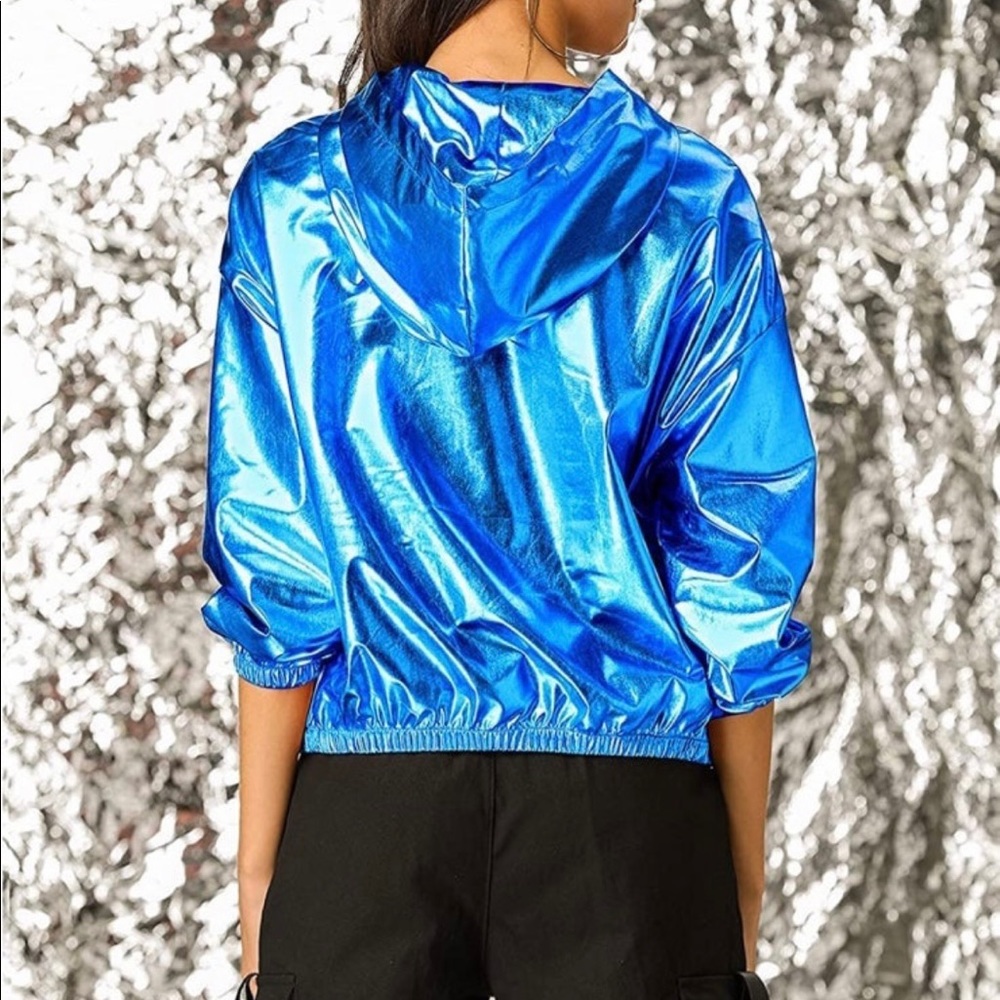 Women's Holographic Shiny Long Sleeve Zipper Hooded Metallic Jacket